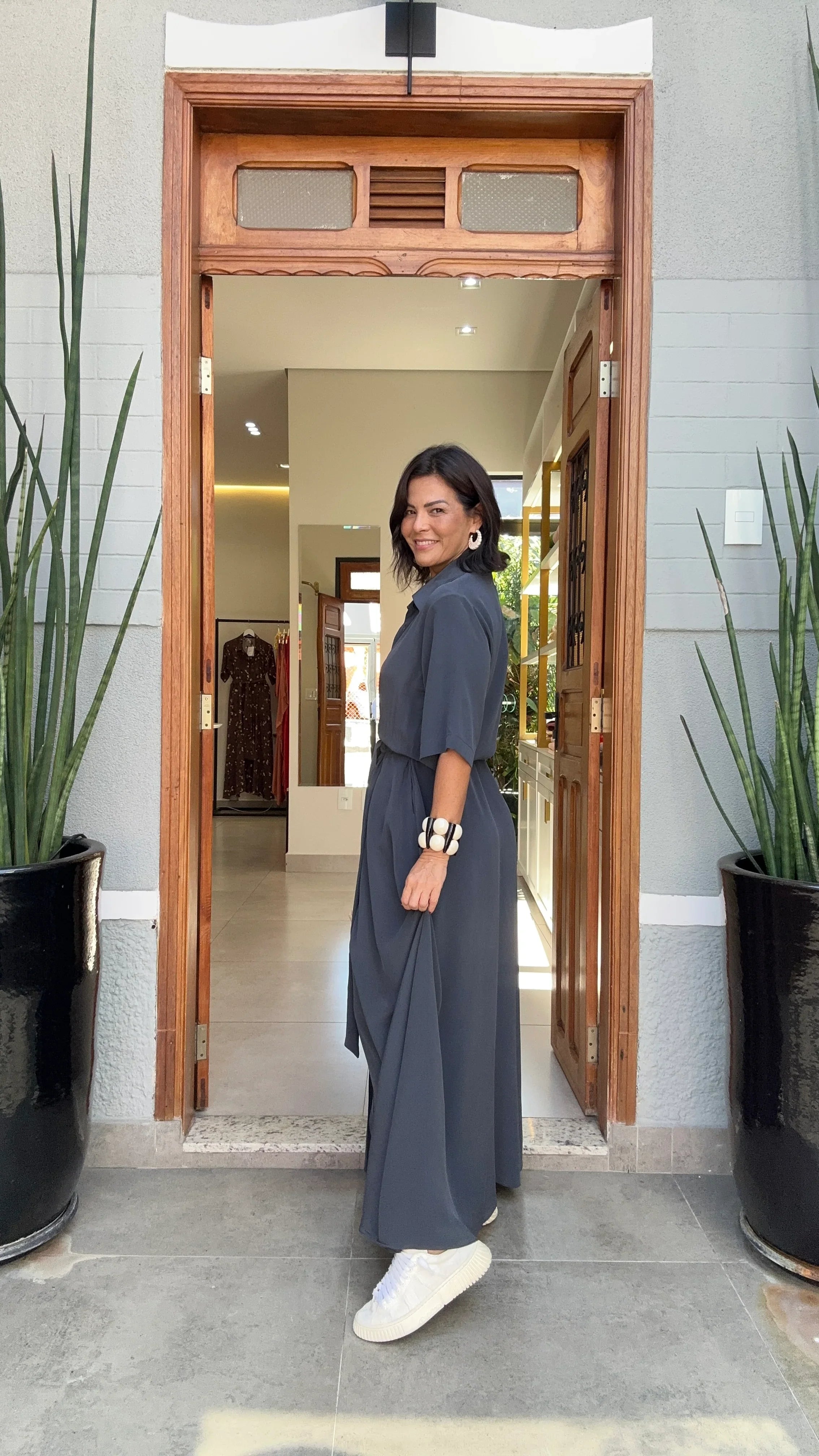 Vestido Chemisier Seda Pura Chumbo