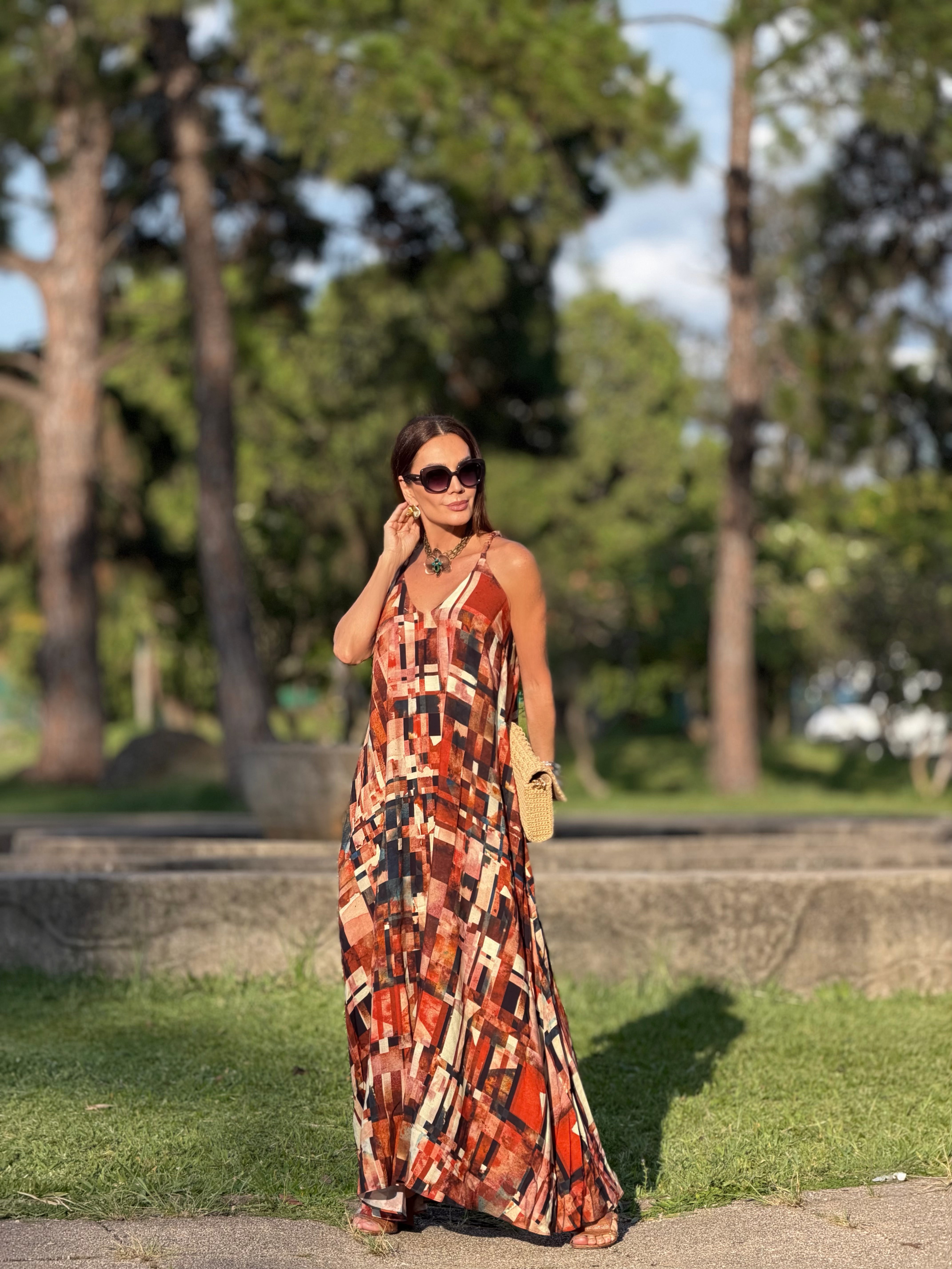 Vestido Alça Longo Estampa Detroit