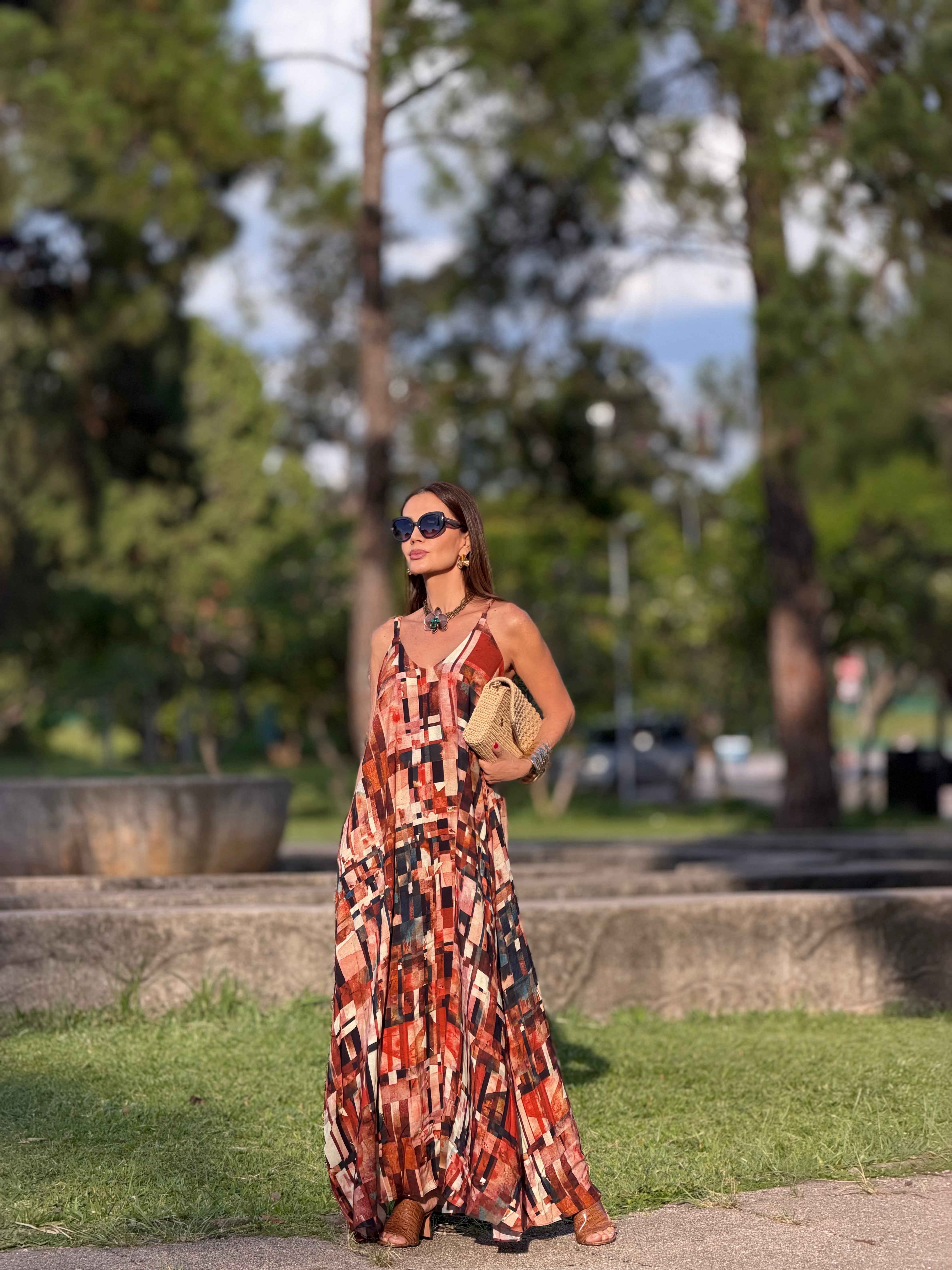 Vestido Alça Longo Estampa Detroit