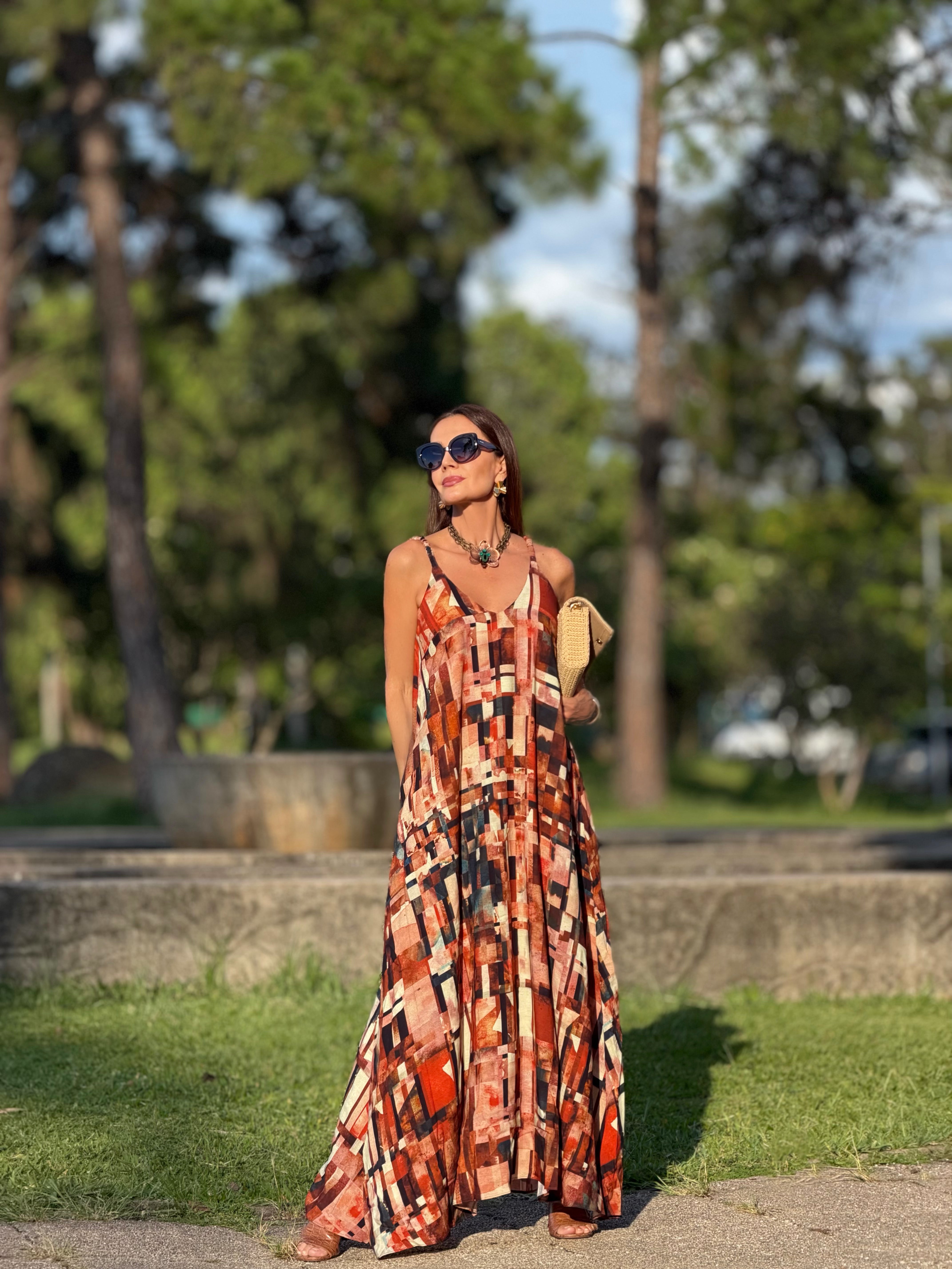 Vestido Alça Longo Estampa Detroit