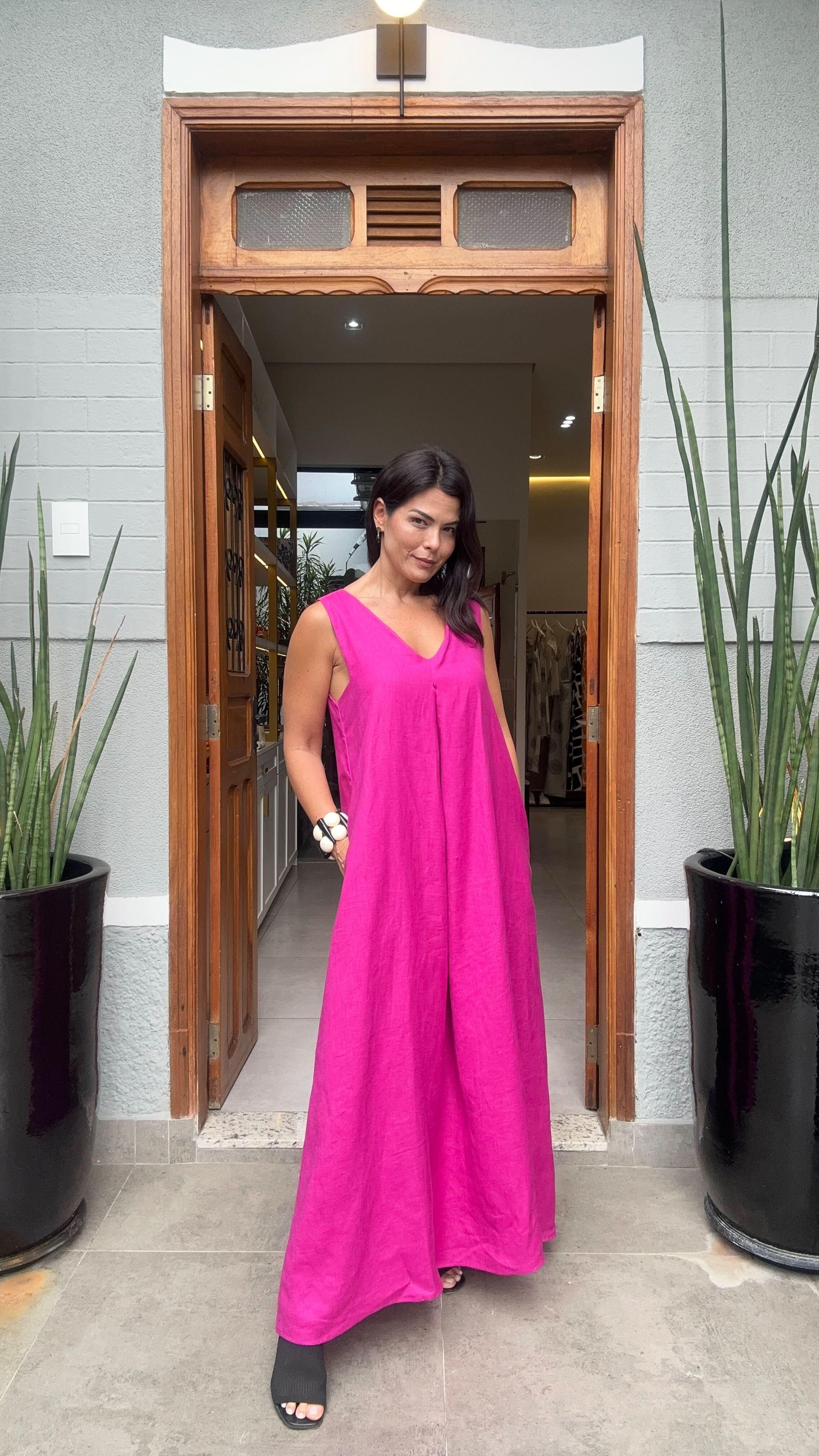 Vestido Pregas Linho Fúcsia