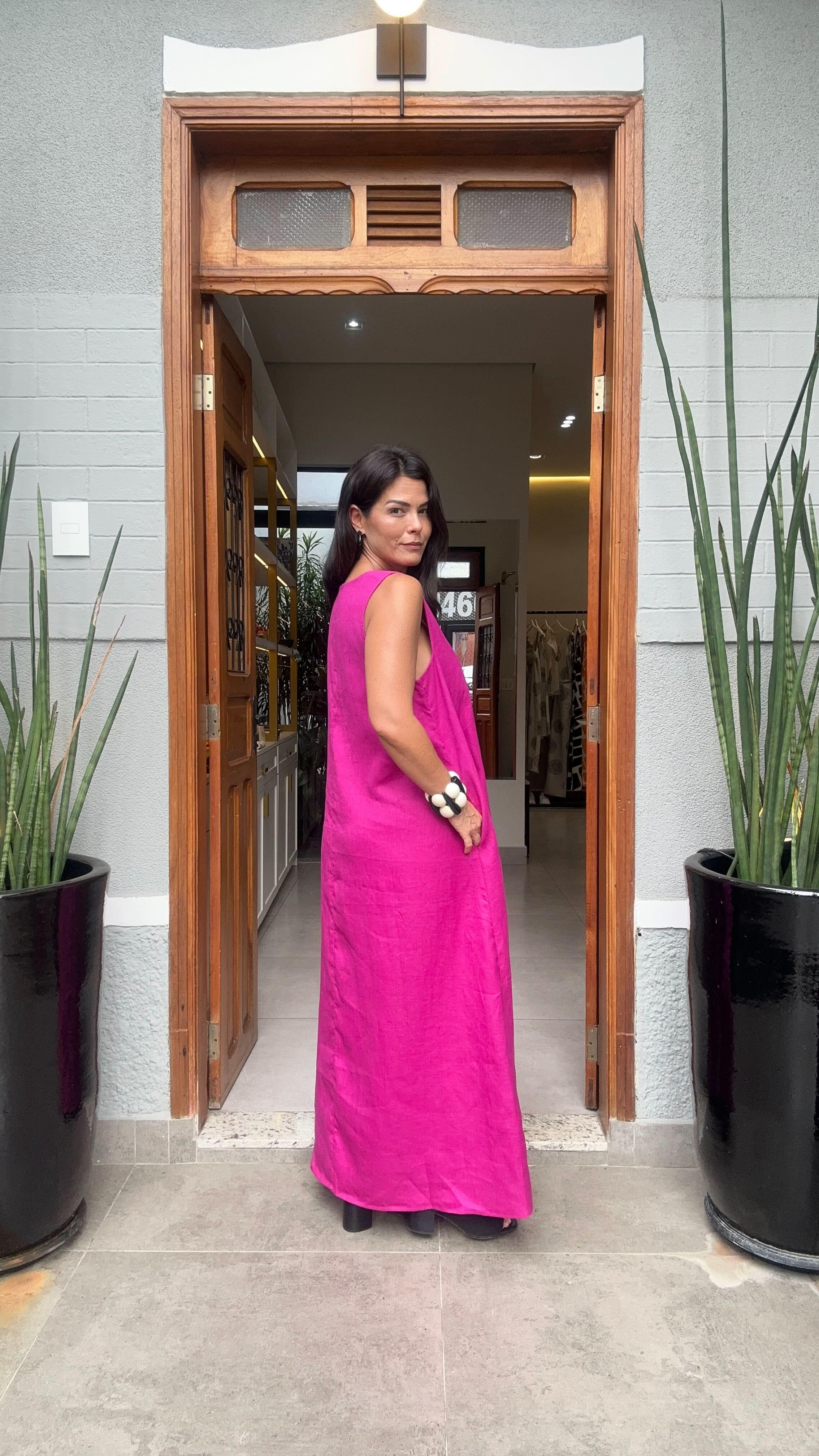 Vestido Pregas Linho Fúcsia