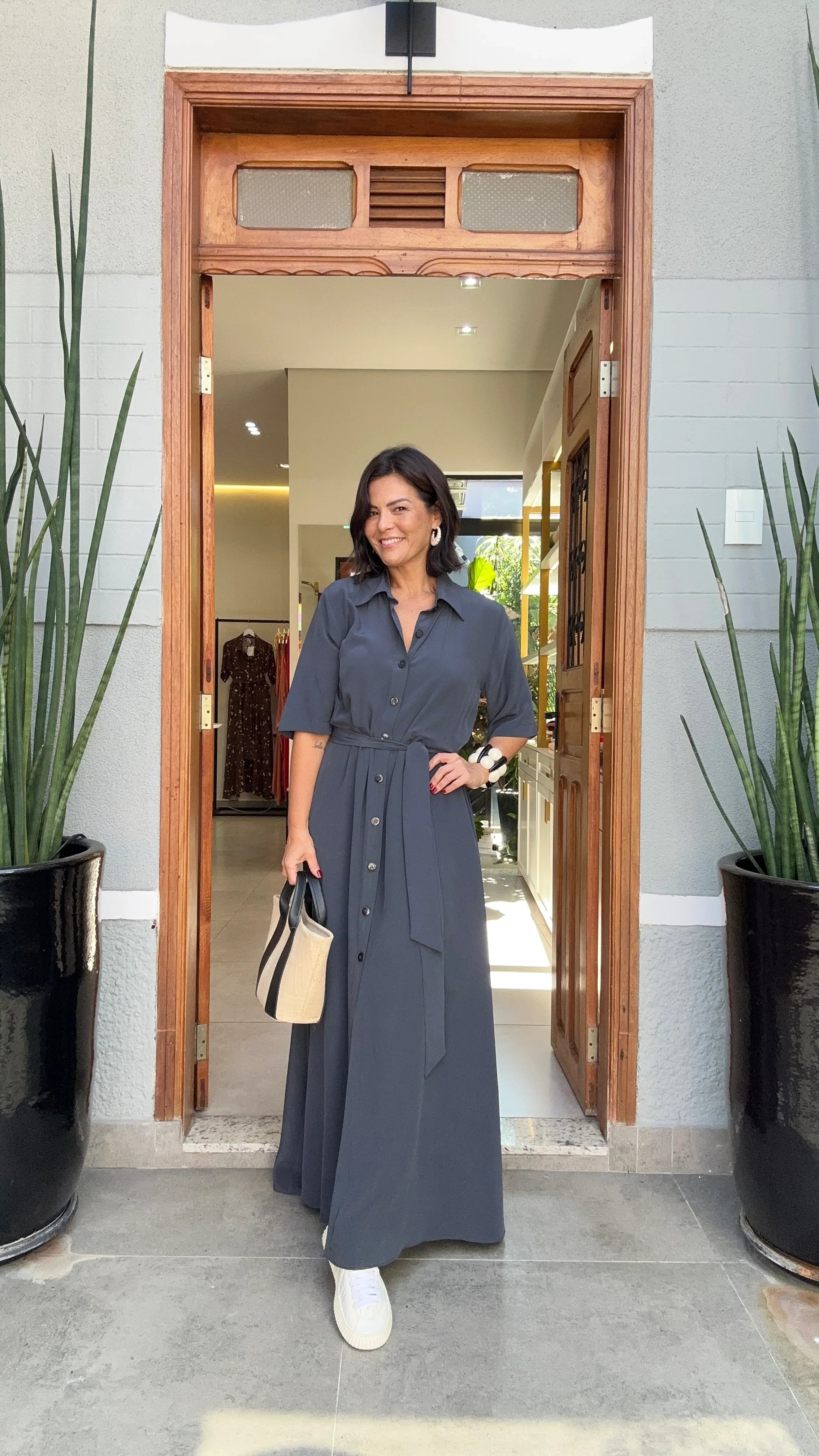 Vestido Chemisier Seda Pura Chumbo